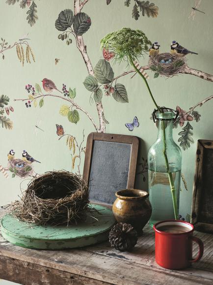 Sanderson Woodland Chorus Wallpaper - view 2, Sky Blue / Multi Dwow215706