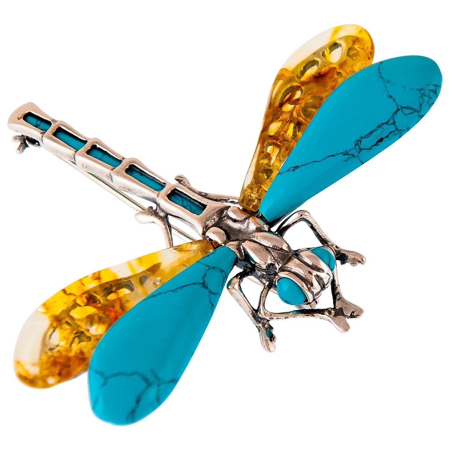 Be-Jewelled Dragonfly Brooch, Cognac Amber/Turquoise