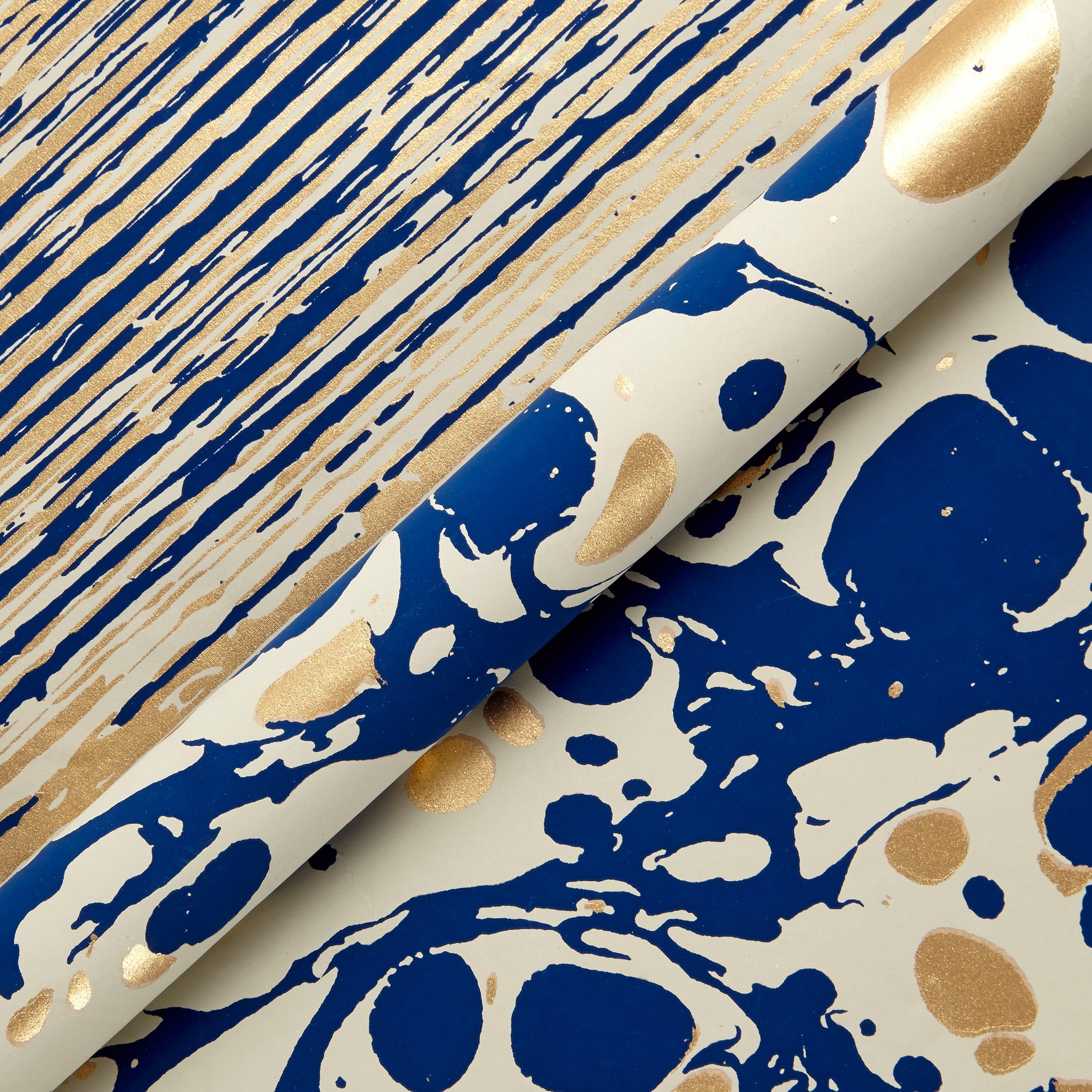 Vivid Helsinki Marble & Woodgrain Gift Wrap, Navy & Gold, Pack of 2