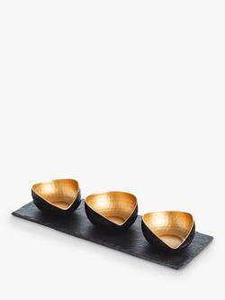 Selbrae House Deluxe Slate & Metal Bowl Mezze Set, Black/Gold, Black/Gold