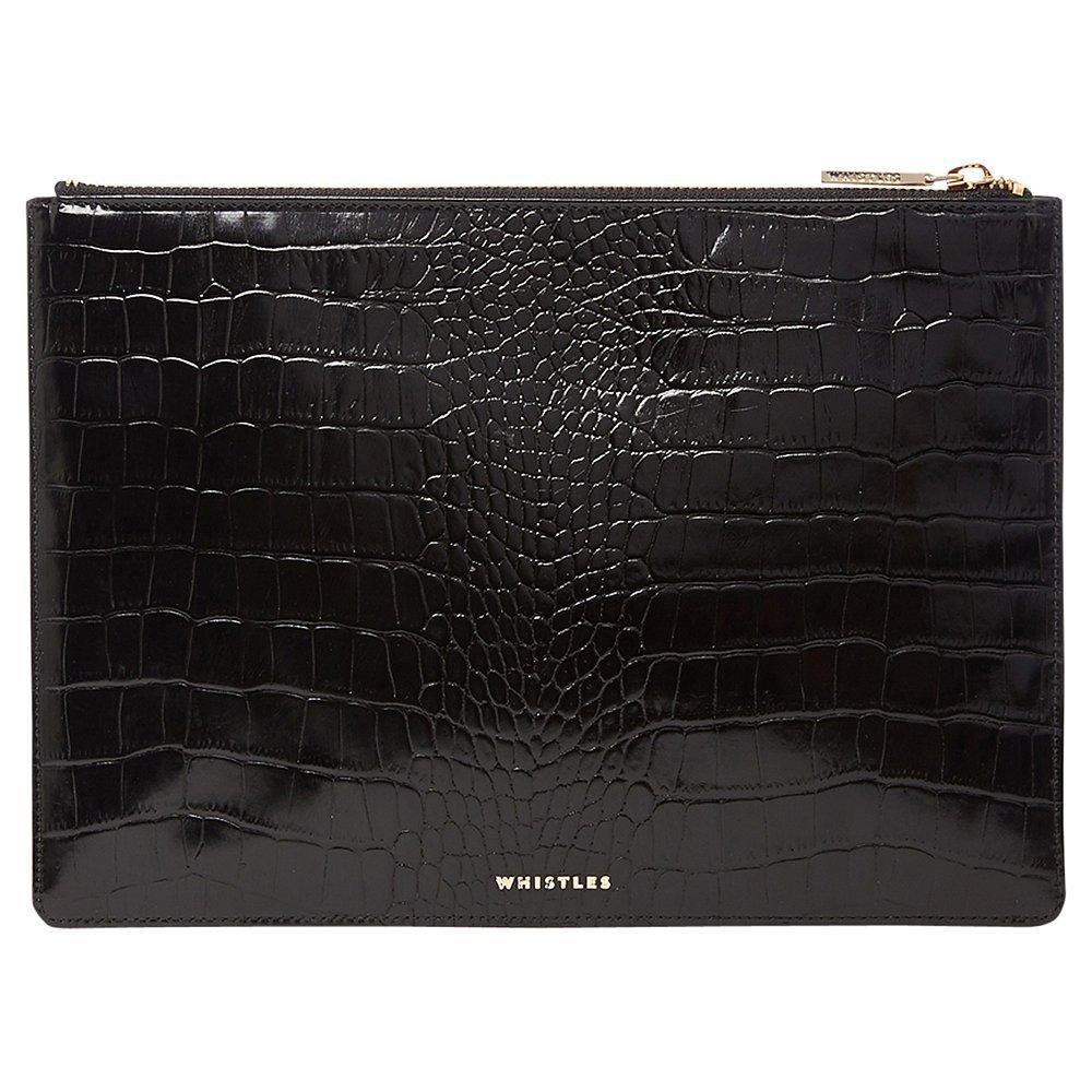 Whistles Shiny Croc Leather Medium Clutch Bag, Black