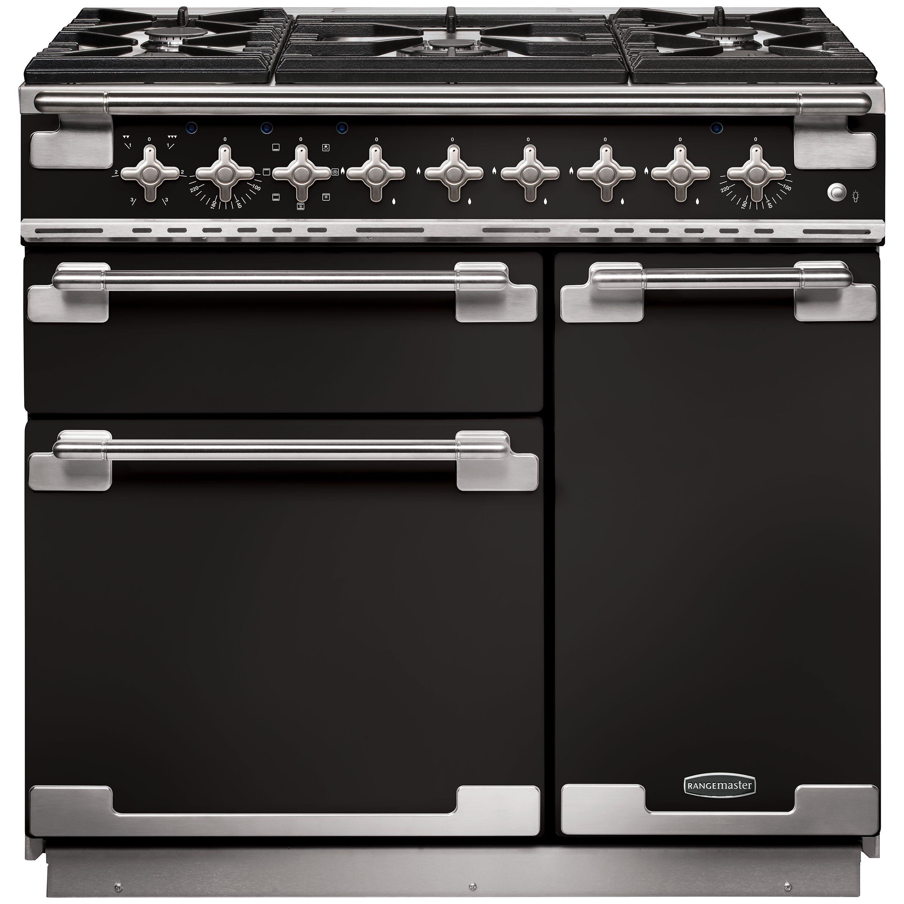 Rangemaster Elise 90 Dual Fuel Range Cooker, Gloss Black/Chrome Trim