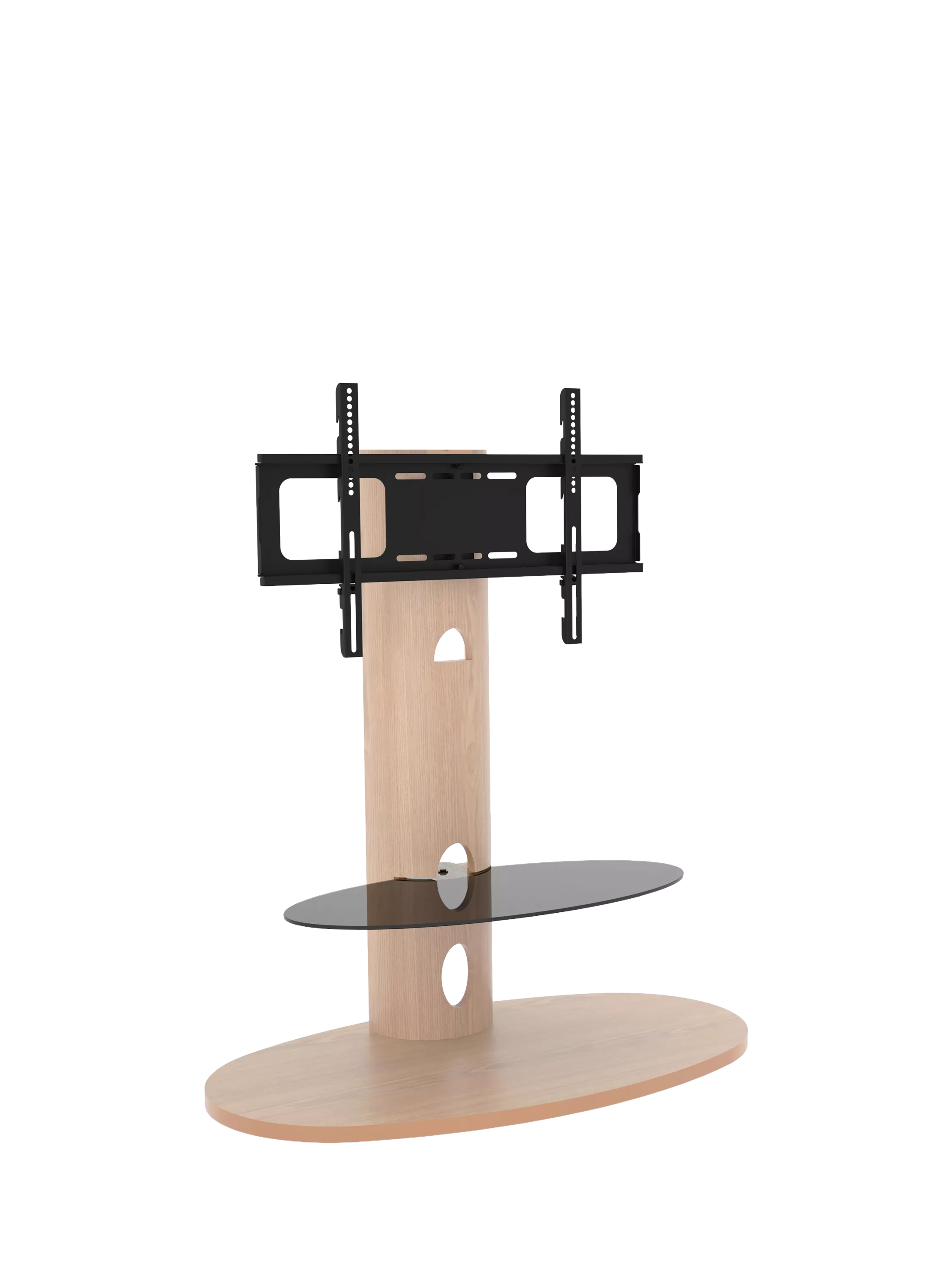 Modern TV stand with adjustable mount, sleek silver column, and dual white shelves. Ideal for stylish interiors.