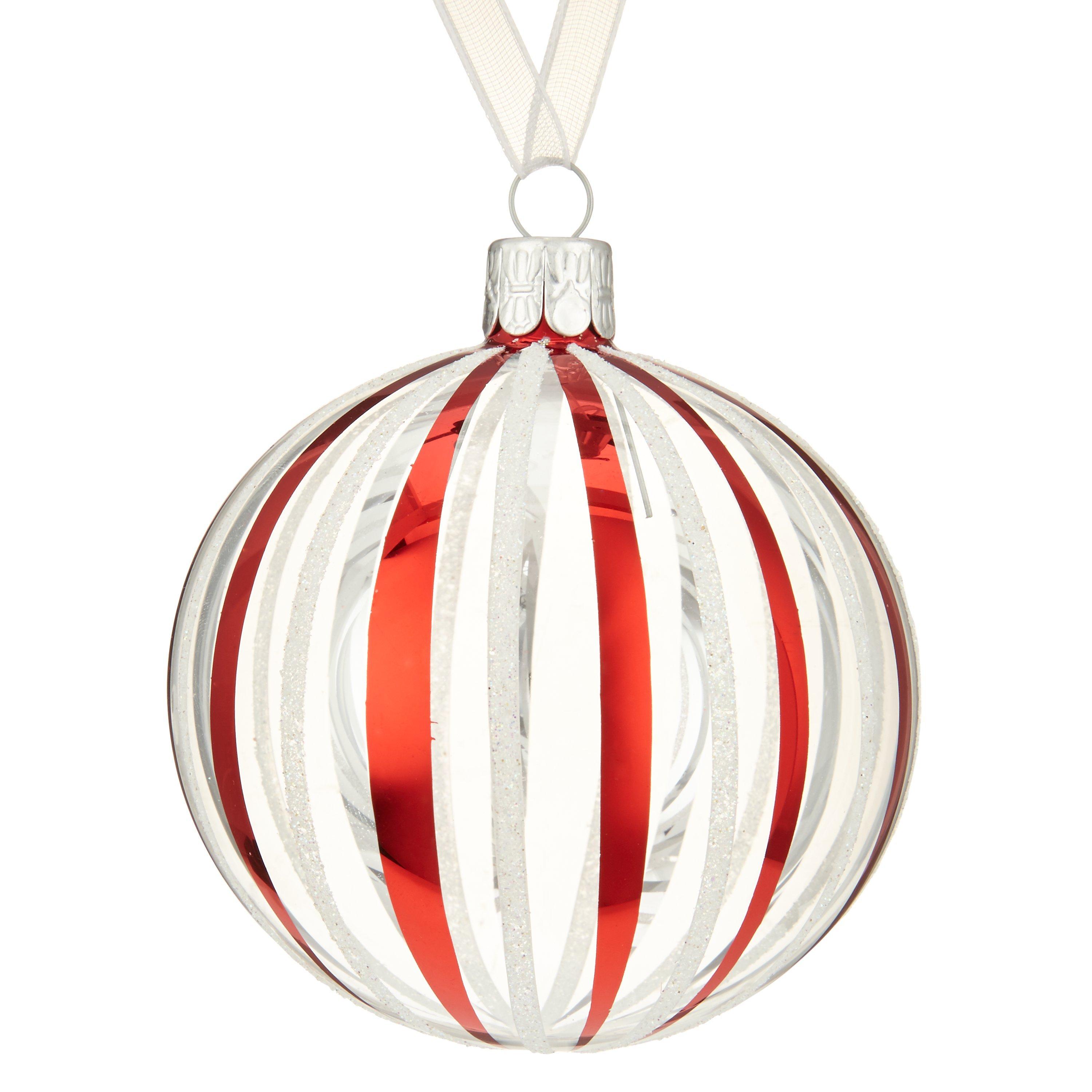 John Lewis Chamonix Red And White Stripe Bauble, Clear