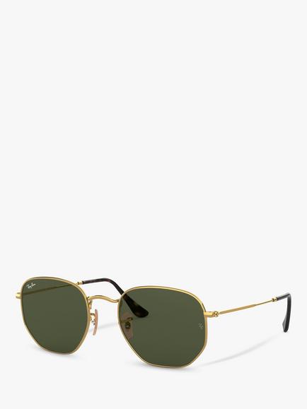 Ray-Ban RB3548 Hexagonal Flat Lens Sunglasses, Gold/Dark Green