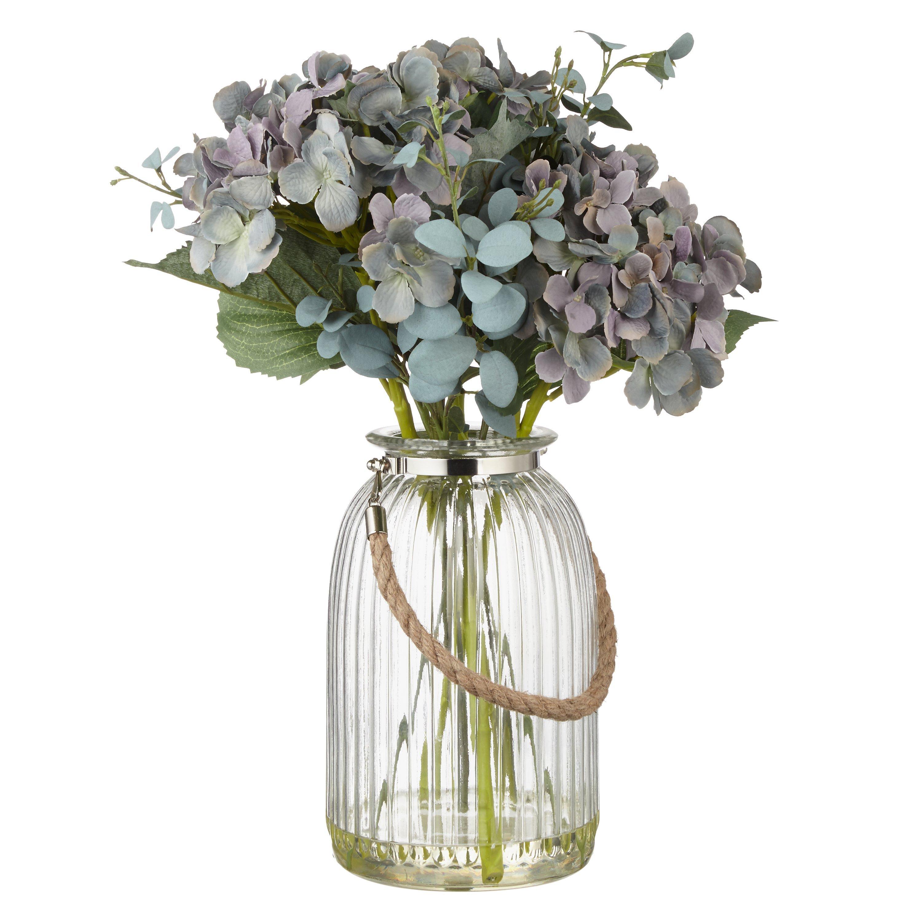 Artificial Peony Hydrangea and Eucalyptus in Grey Lantern Vase