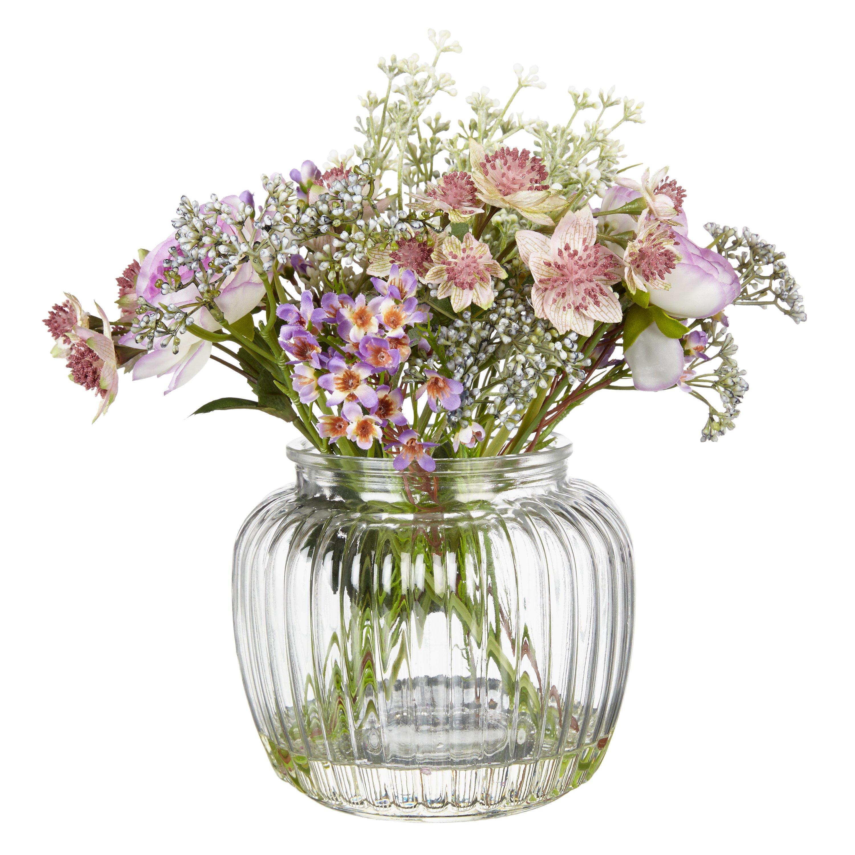 Peony Artificial Purple Flowers in Glass Bottle Vase