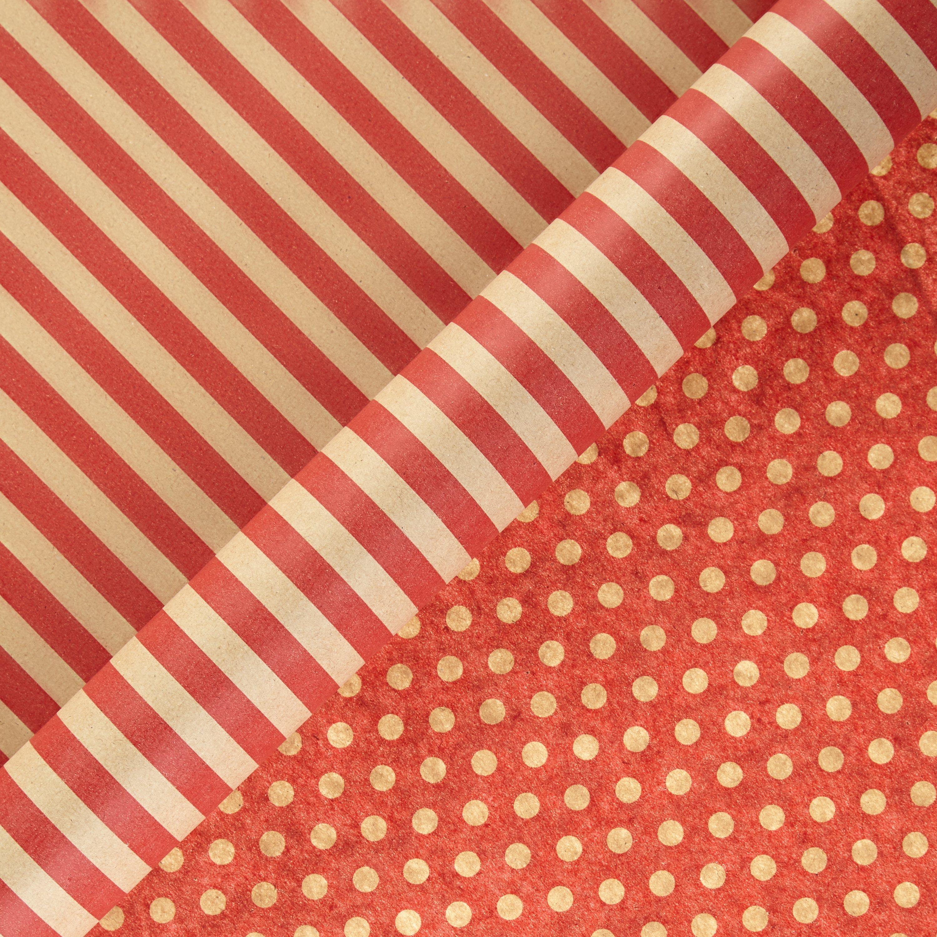John Lewis Red Spot And Stripe Kraft Roll Wrap, Pack of 2