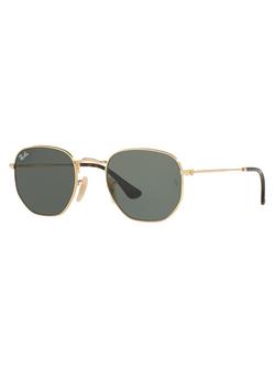 Ray-Ban RB3548 Hexagonal Flat Lens Sunglasses, Gold/Dark Green