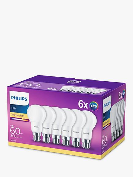 Philips 8W BC Classic LED Warm White Light Bulb, Pack of 6 - view 2, 