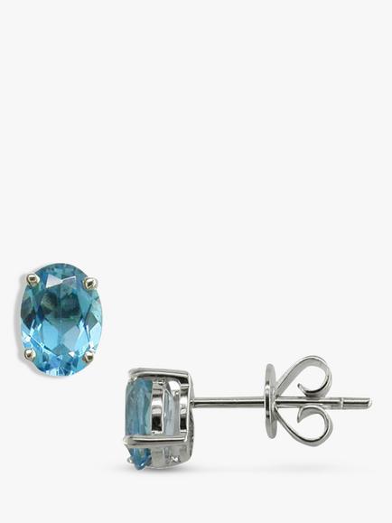 E.W Adams 9ct White Gold Oval Stud Earrings, Silver/Blue Topaz