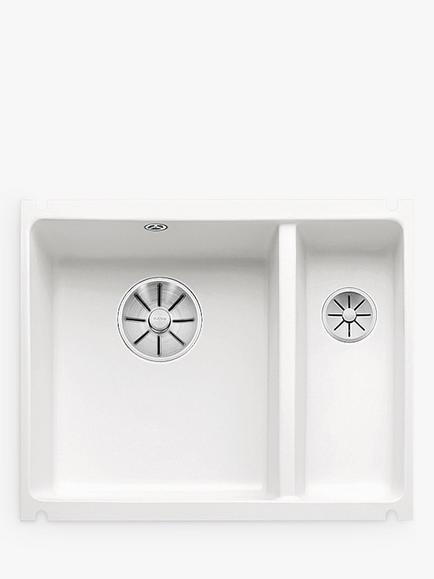 BLANCO Subline 350/150 Undermounted 1.5 Bowl Ceramic Kitchen Sink with Left Hand Bowl, White