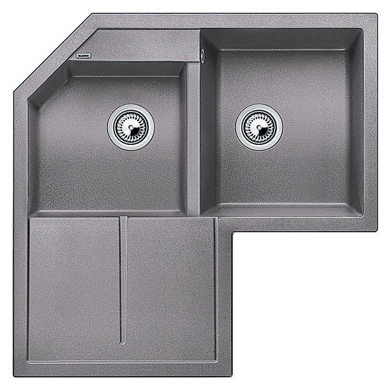 Blanco Metra 9 E Double Right Hand Bowl Corner Inset Kitchen Sink, Alumetallic