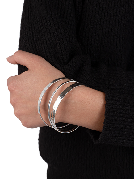 Andea Sterling Silver Polished and Hammered Double Bangle, Silver - view 2, Silver
