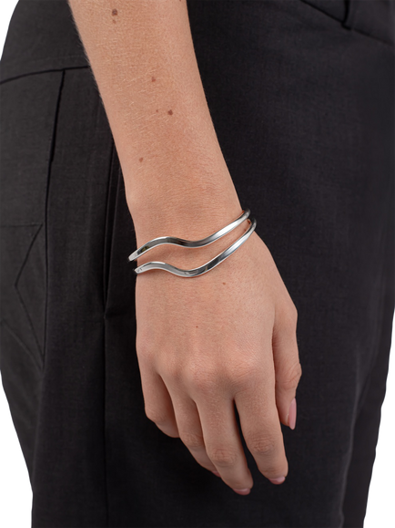 Andea Sterling Silver Double Wave Half Bangle, Silver - view 2, Silver