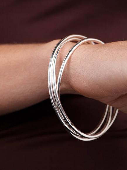Andea Sterling Silver Square Edge Triple Bangle, Silver - view 2, Silver