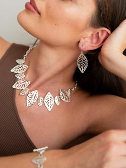 Andea Sculptured Leaf Drop Earrings, Silver - view 2, Silver