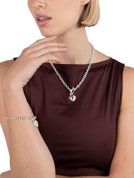 Andea Sterling Silver Oval Link Heart Charm Bracelet, Silver - view 2, Silver