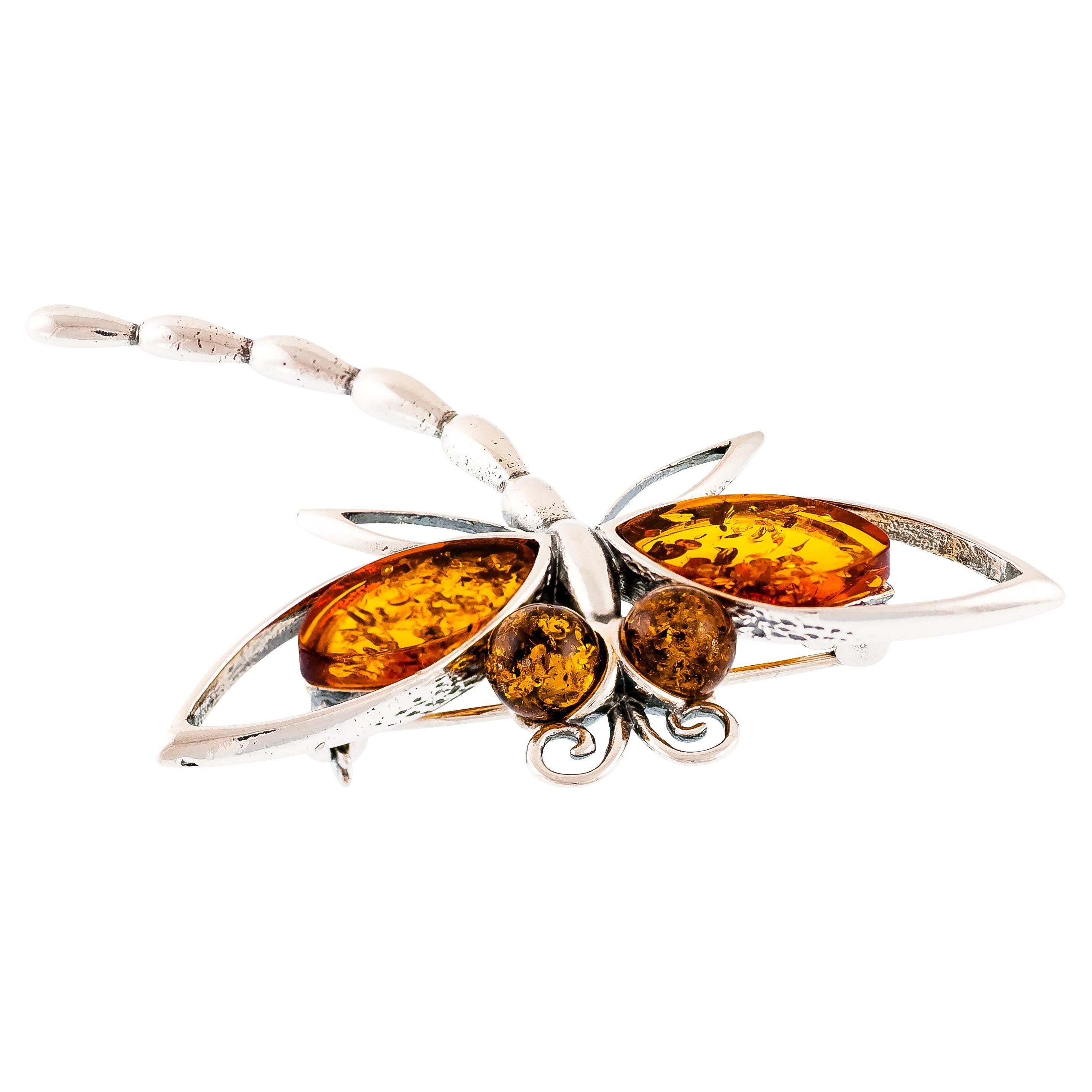 Product image 1 of 3, which shows Be-Jewelled Sterling Silver Amber Dragonfly Brooch, Silver/Orange