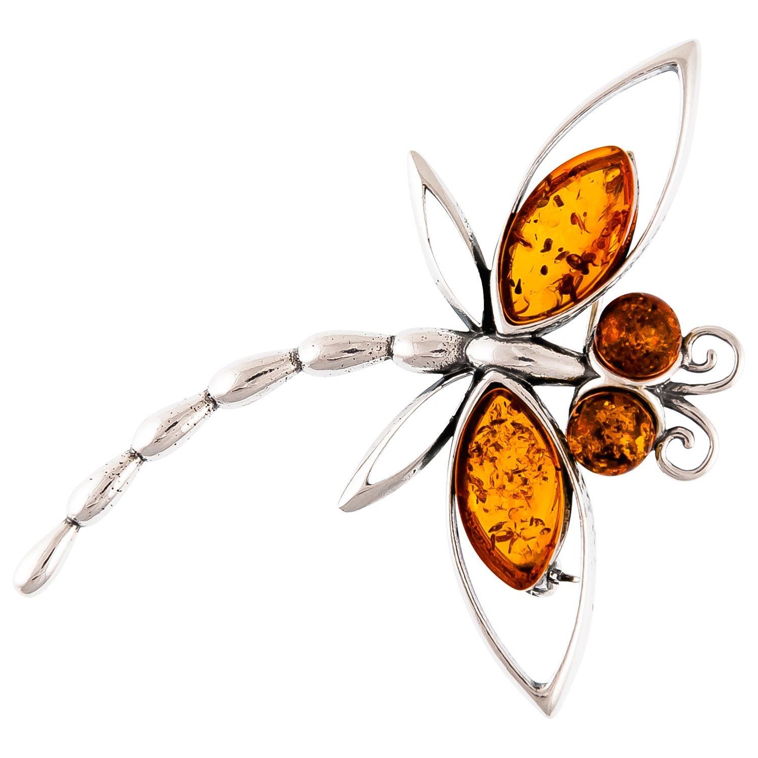 Product image 2 of 3, which shows Be-Jewelled Sterling Silver Amber Dragonfly Brooch, Silver/Orange