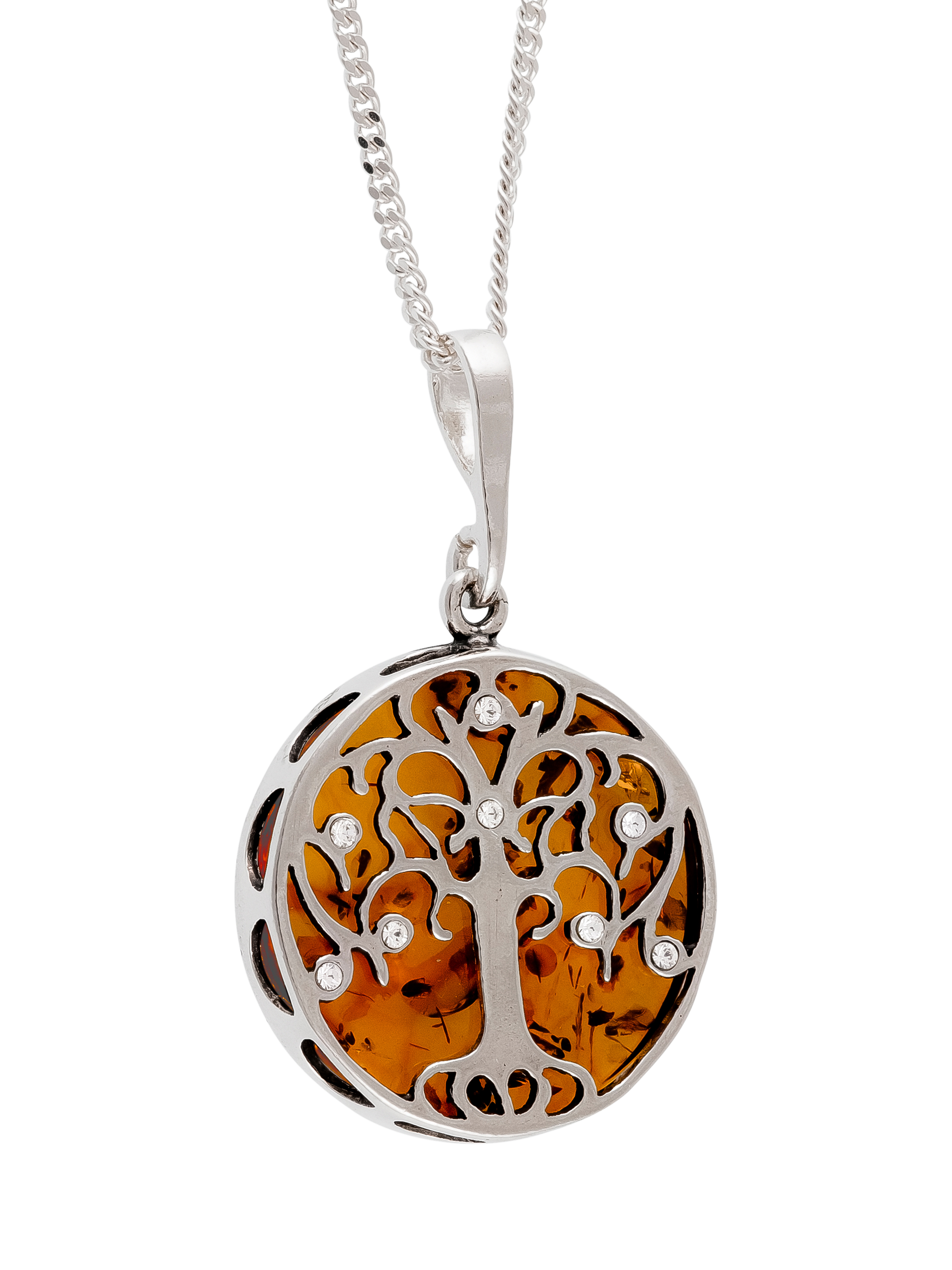 Product image 1 of 4, which shows Be-Jewelled Sterling Silver Round Amber Tree Pendant Necklace, Silver/Orange