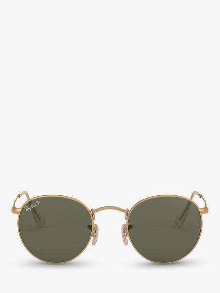 Ray-Ban RB3447 Polarised Round Sunglasses, Gold/Dark Green - view 2, Gold/Dark Green
