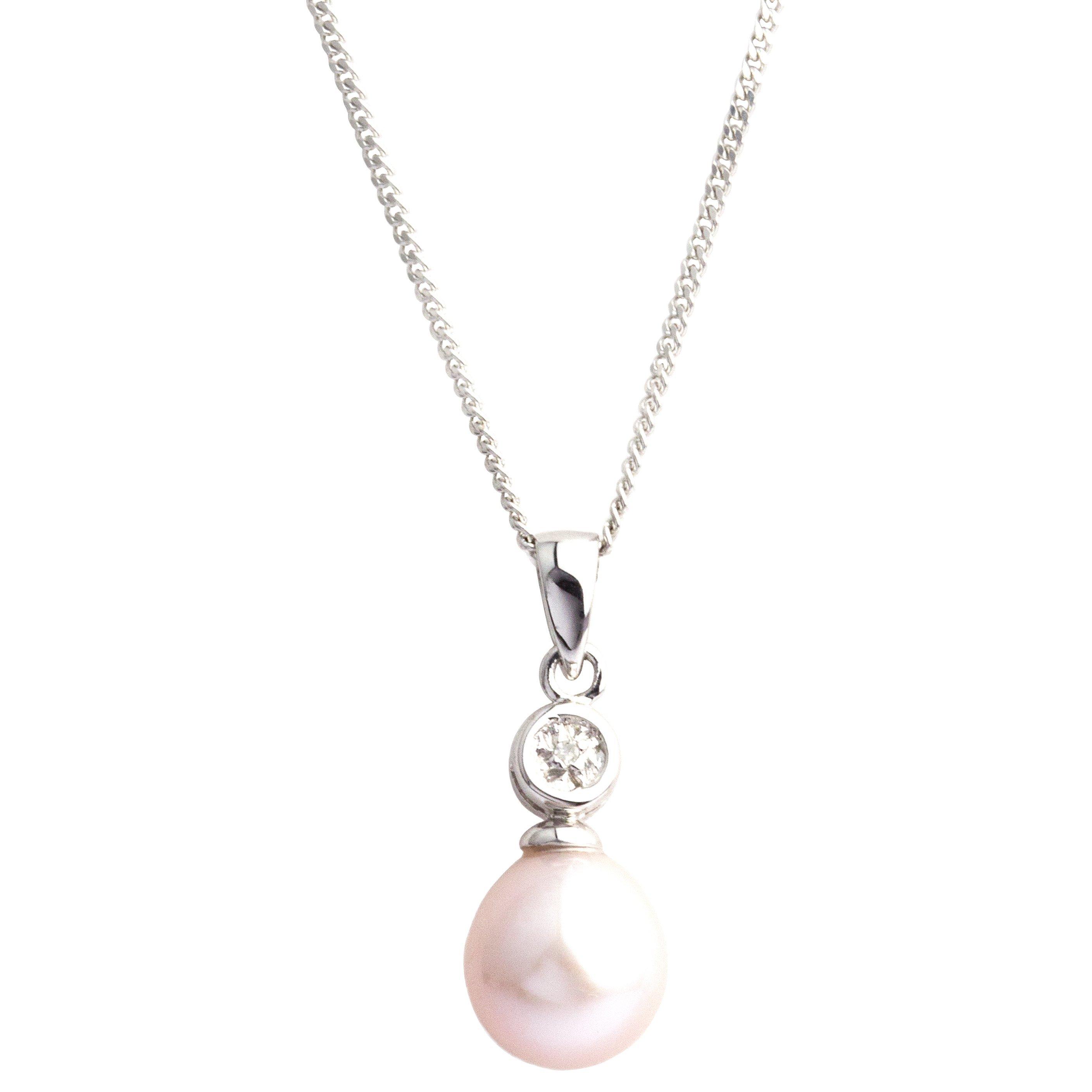 E.W Adams 9ct White Gold Diamond Pearl Pendant Necklace, Pink