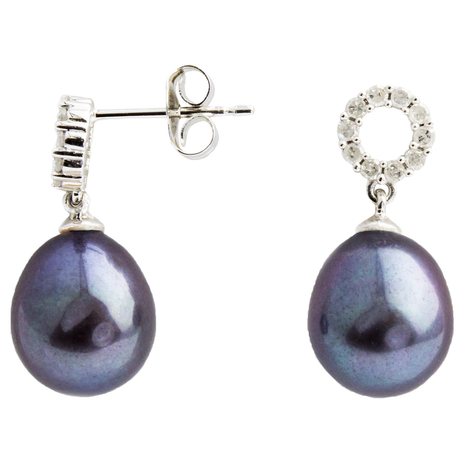 E.W Adams 9ct White Gold Diamond Set Pearl Drop Earrings