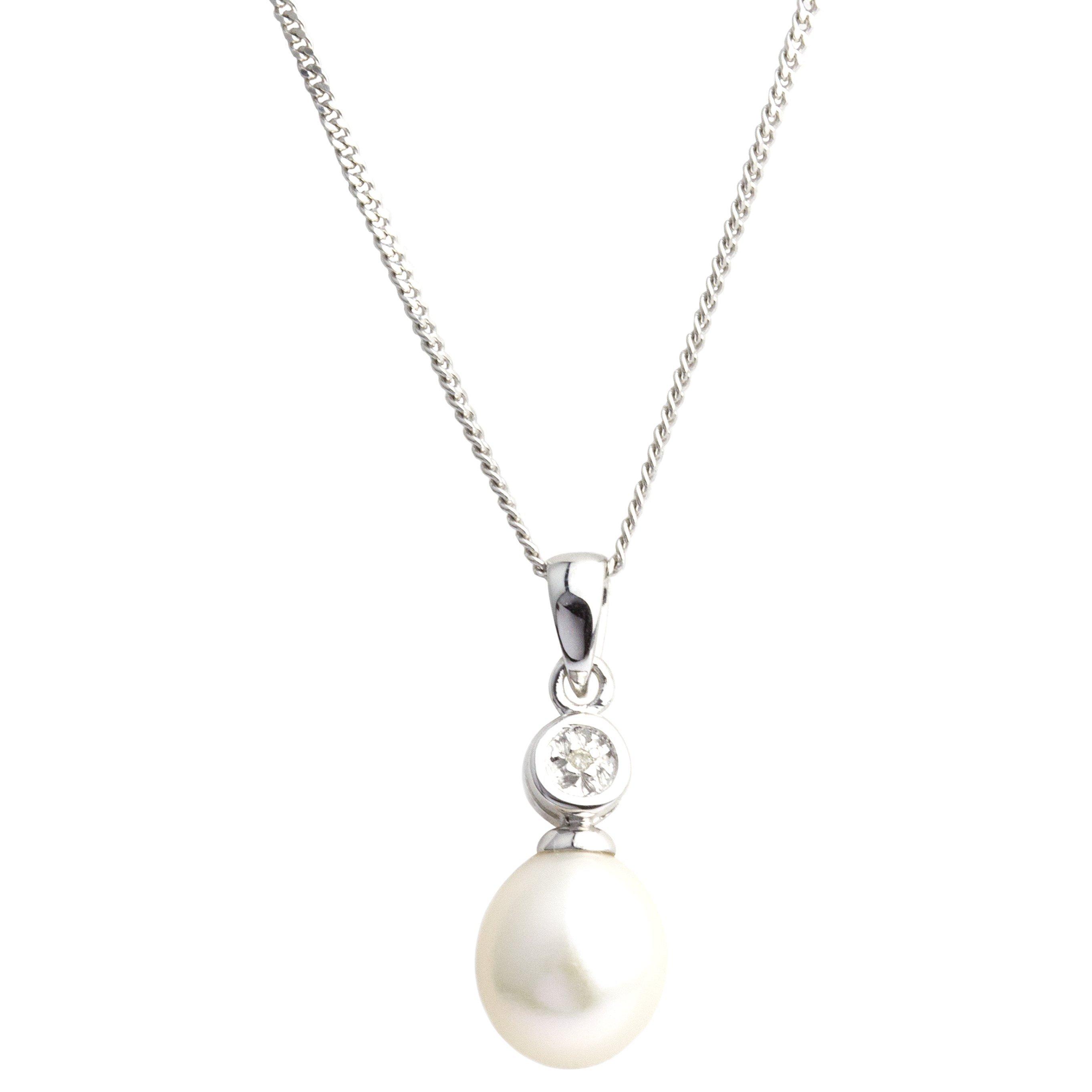 Product image 1 of 2, which shows E.W Adams 9ct White Gold Diamond Pearl Pendant Necklace, White
