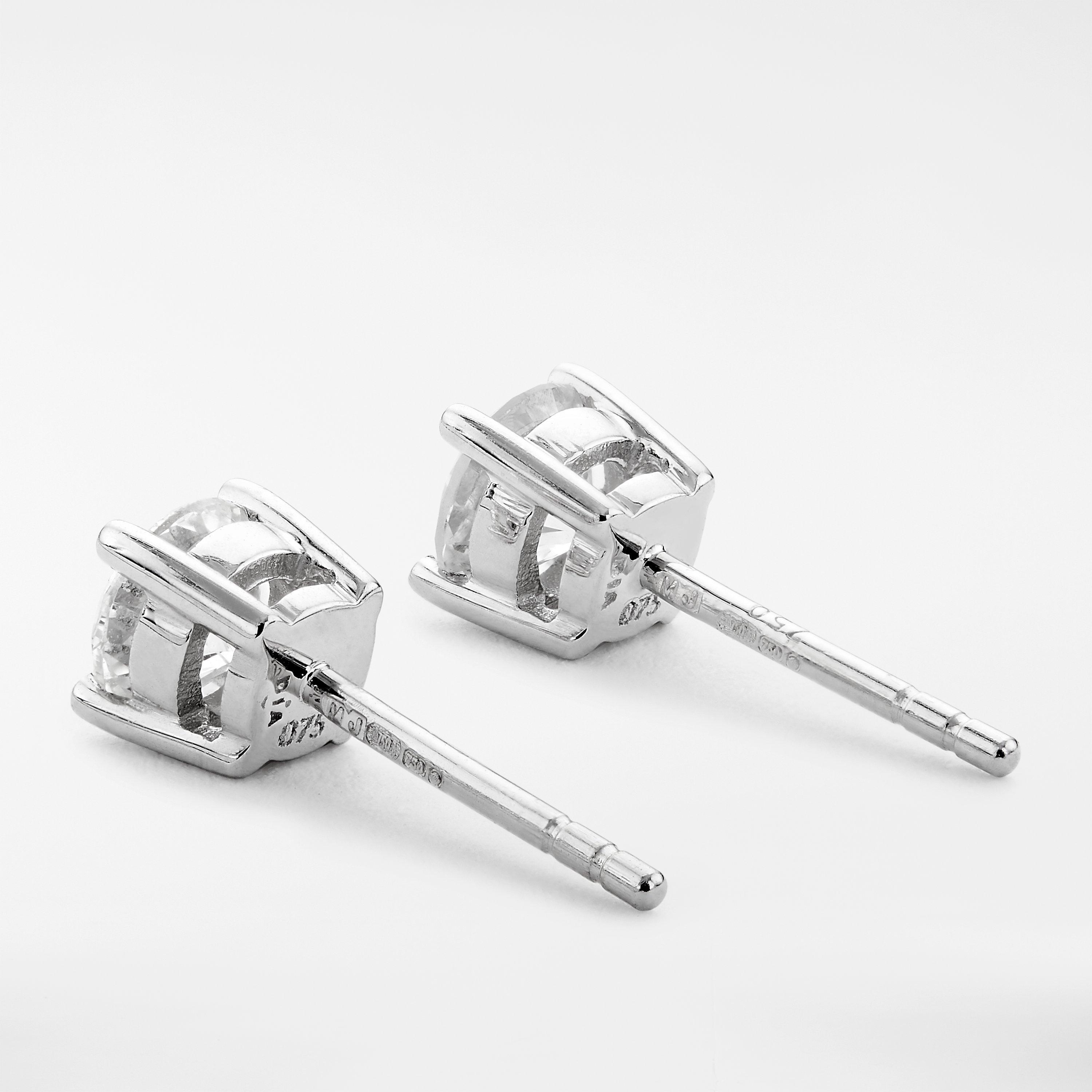 Product image 3 of 7, which shows Mogul 18ct White Gold Round Brilliant Solitaire Diamond Stud Earrings, 0.75ct