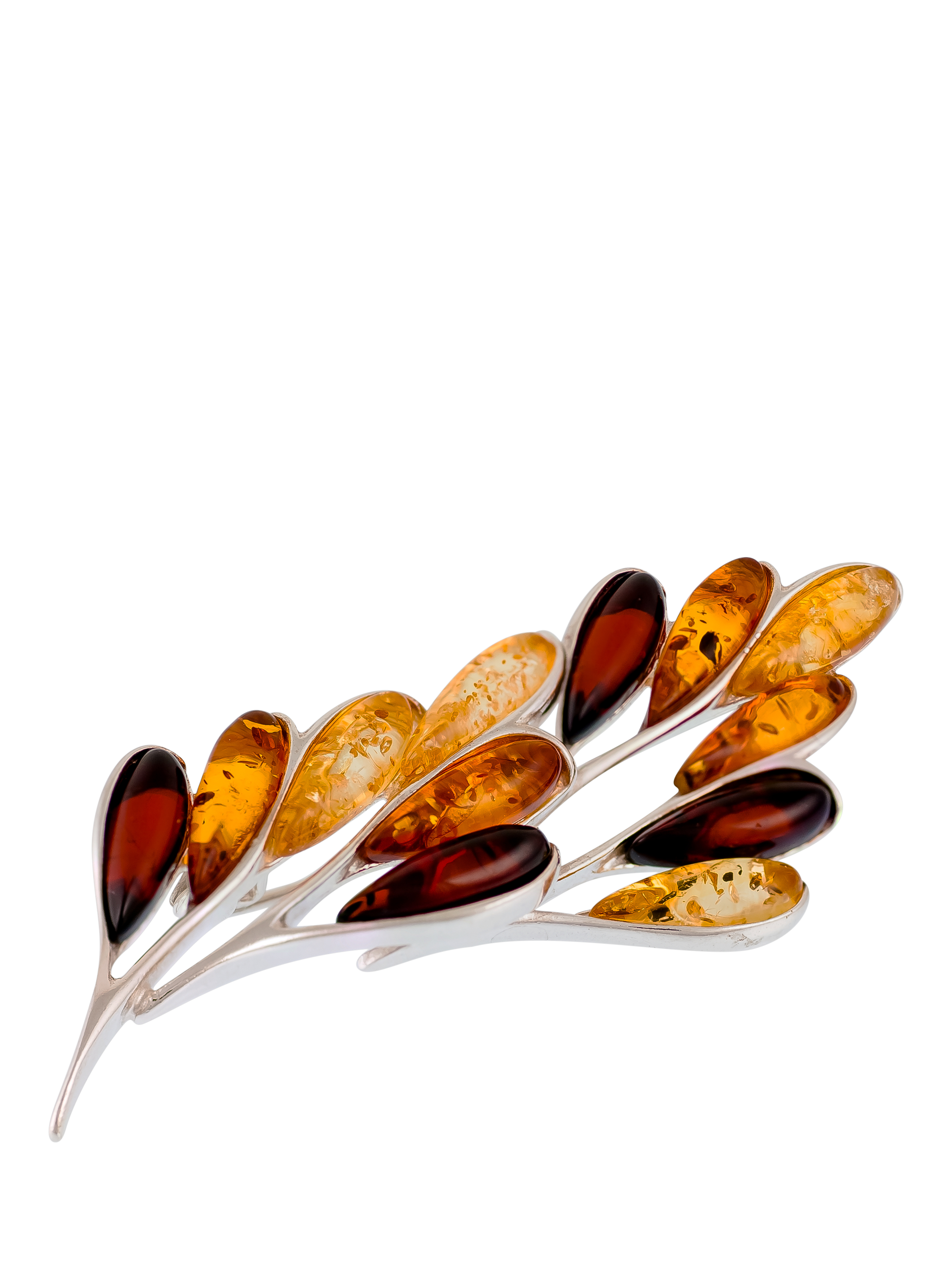 Be-Jewelled Sterling Silver Amber Leaf Brooch, Orange/Brown