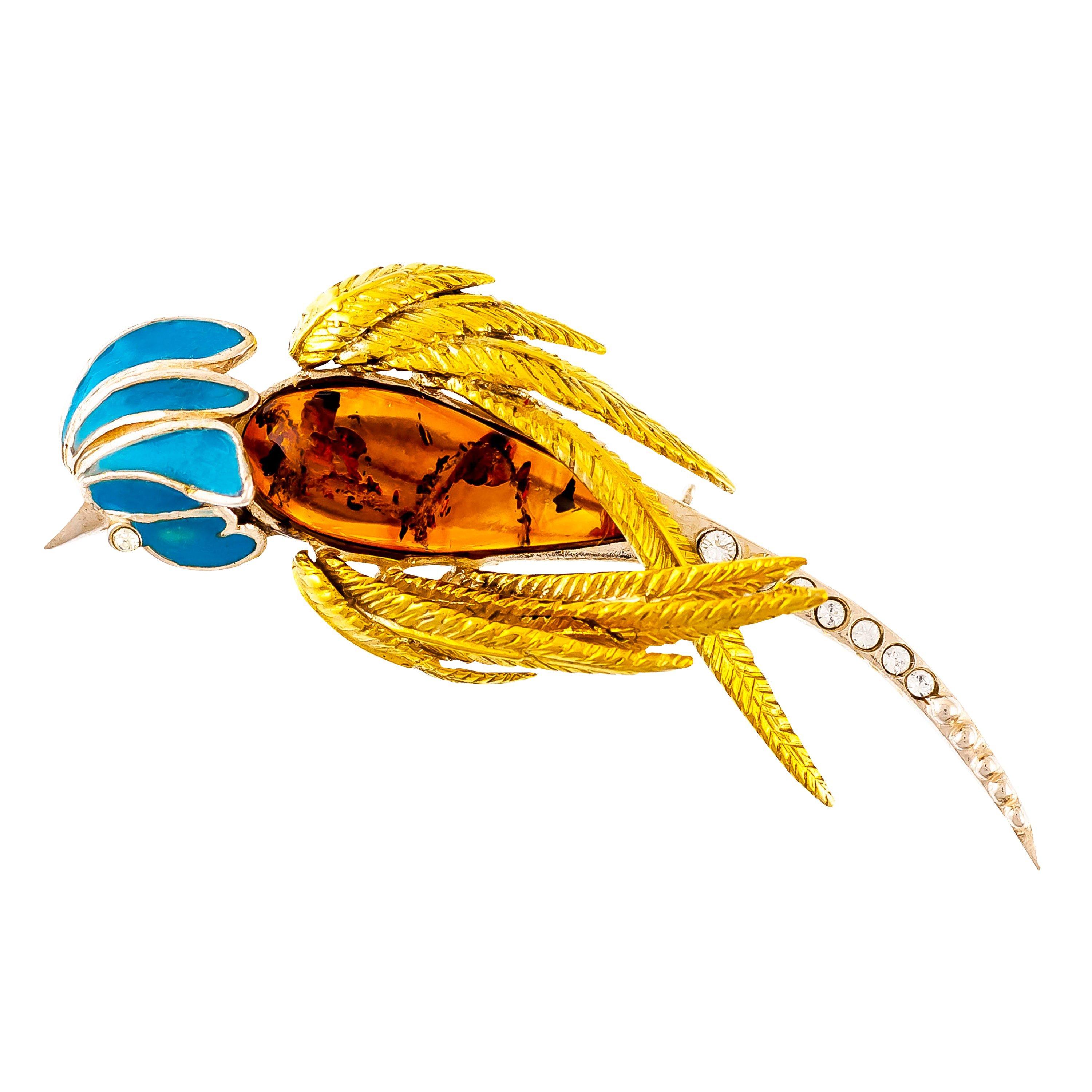Product image 1 of 2, which shows Be-Jewelled Gold Vermeil Amber Parrot Brooch, Orange/Blue