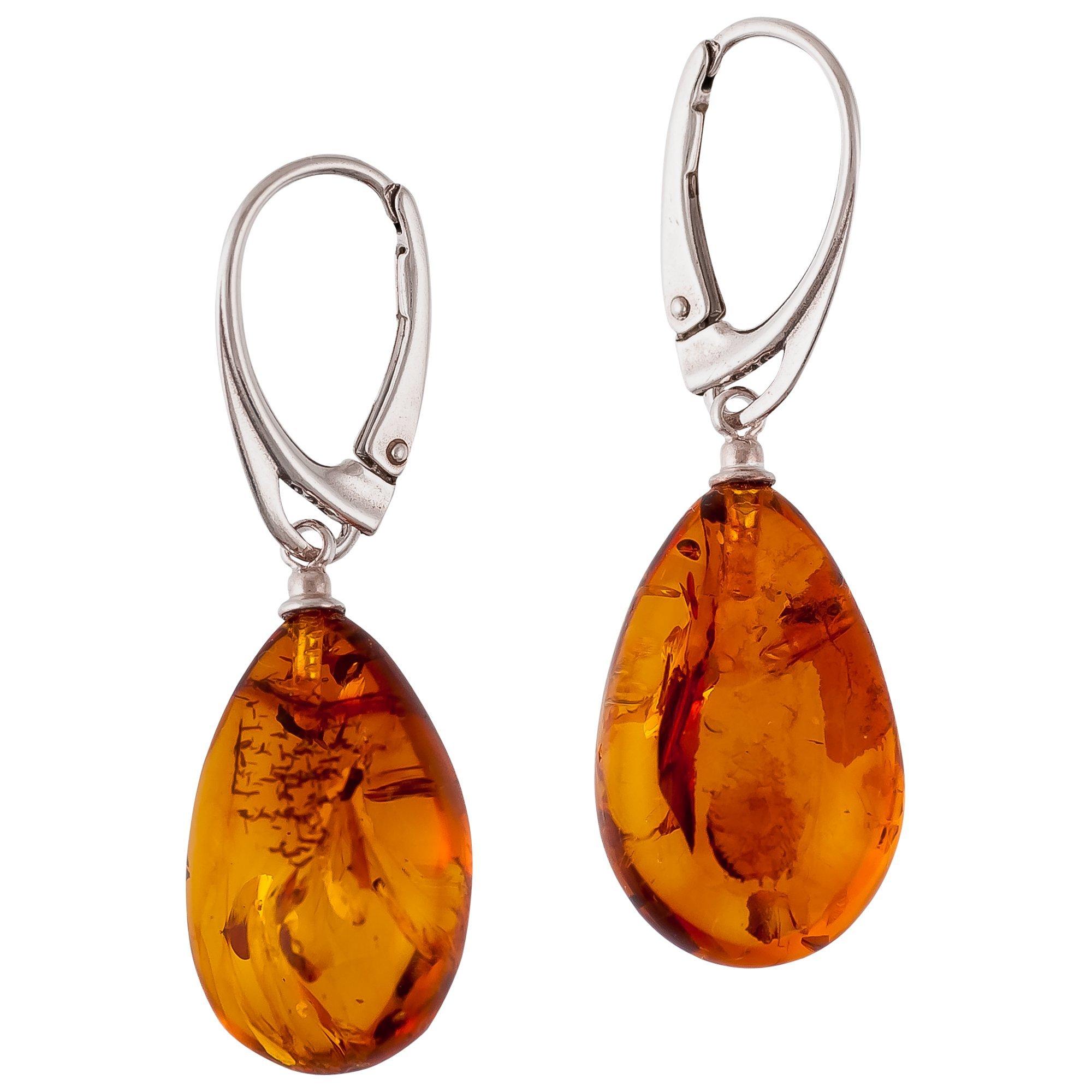 Be-Jewelled Sterling Silver Amber Pear Drop Earrings, Silver/Cognac