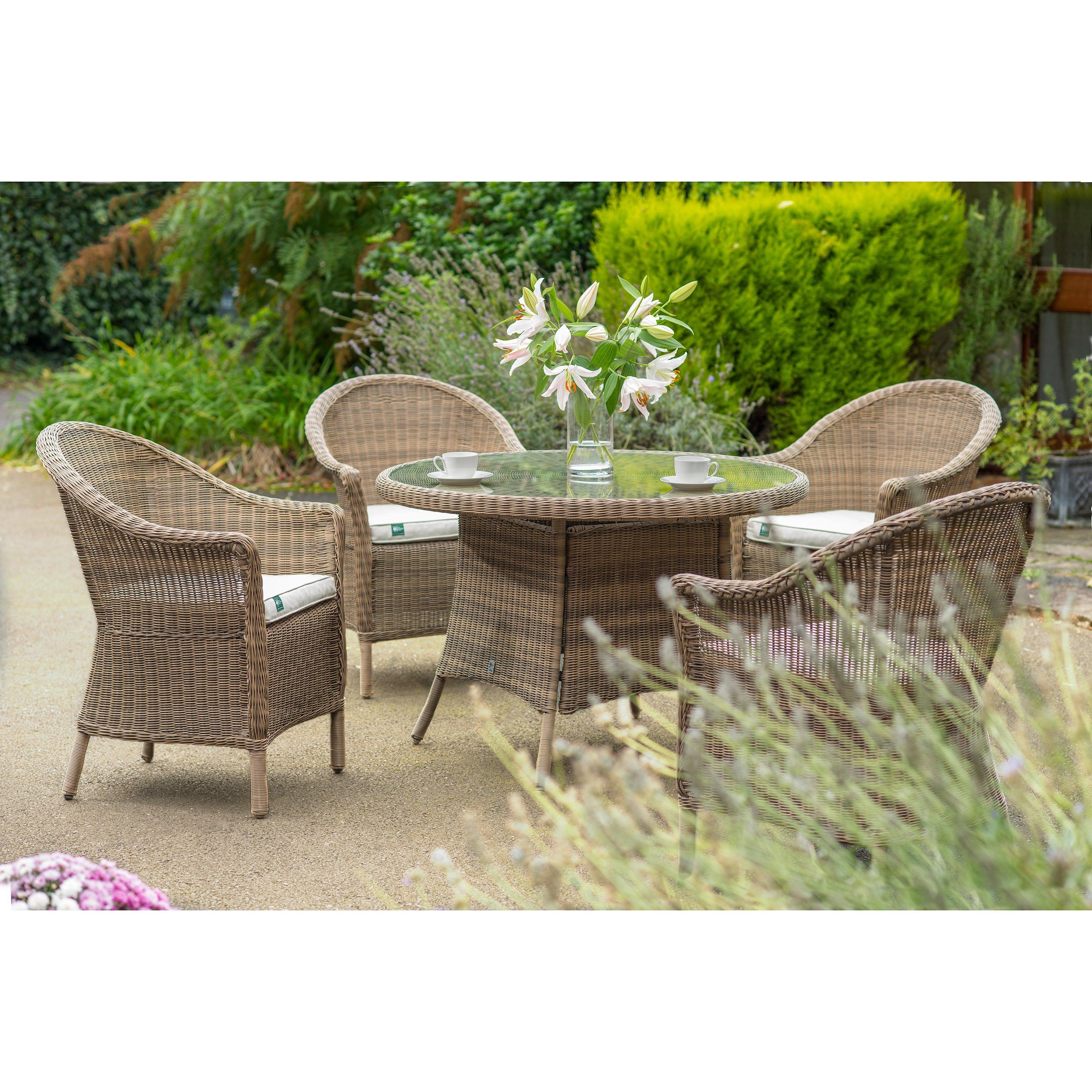 KETTLER RHS Harlow Carr 4 Seater Round Garden Dining Table and Chairs Set, Natural