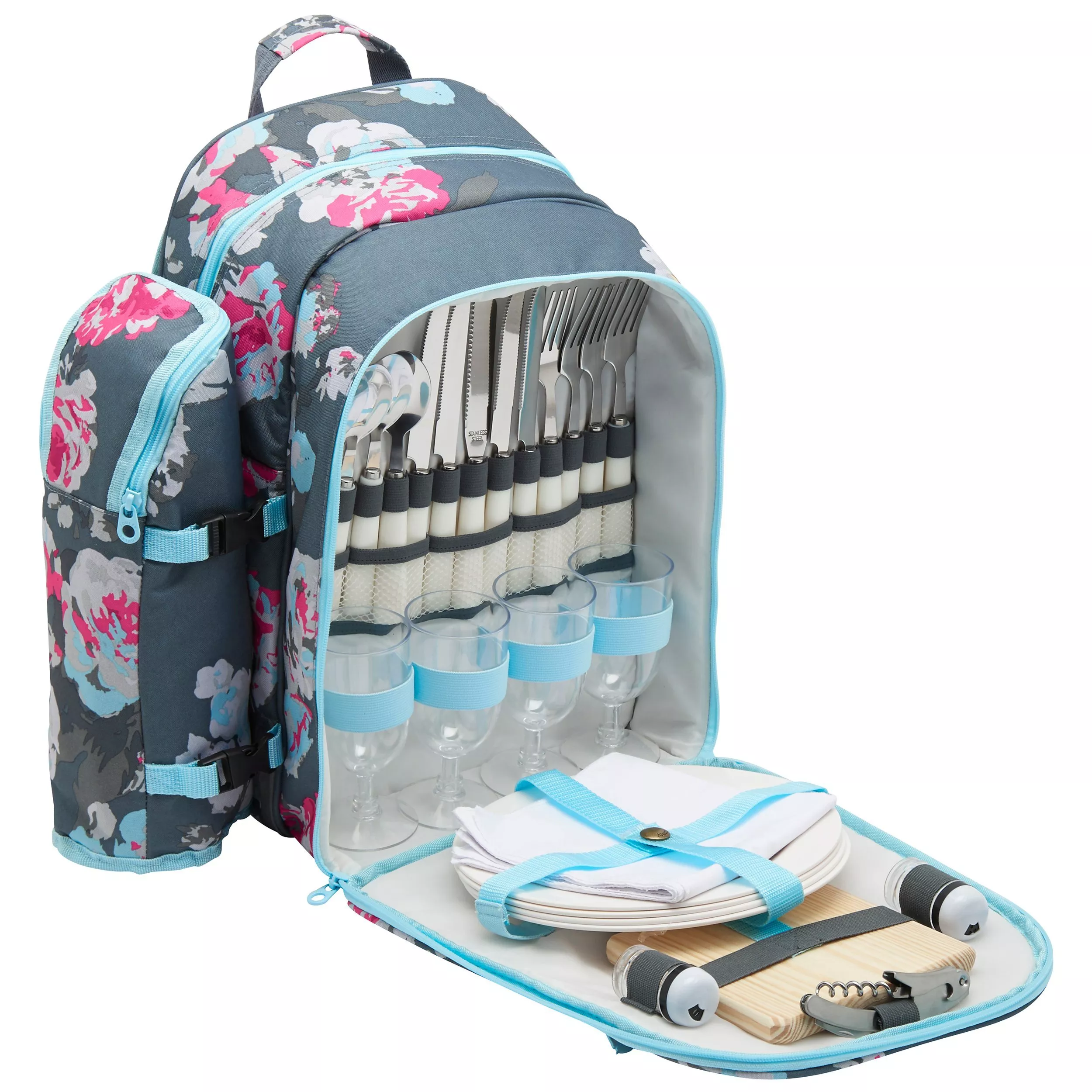 Joules Grey Floral Filled Rucksack Picnic Hamper and Cooler Bag 4 Person