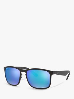 Ray-Ban RB4264 Men's Polarised Square Sunglasses, Matte Black/Mirror Blue