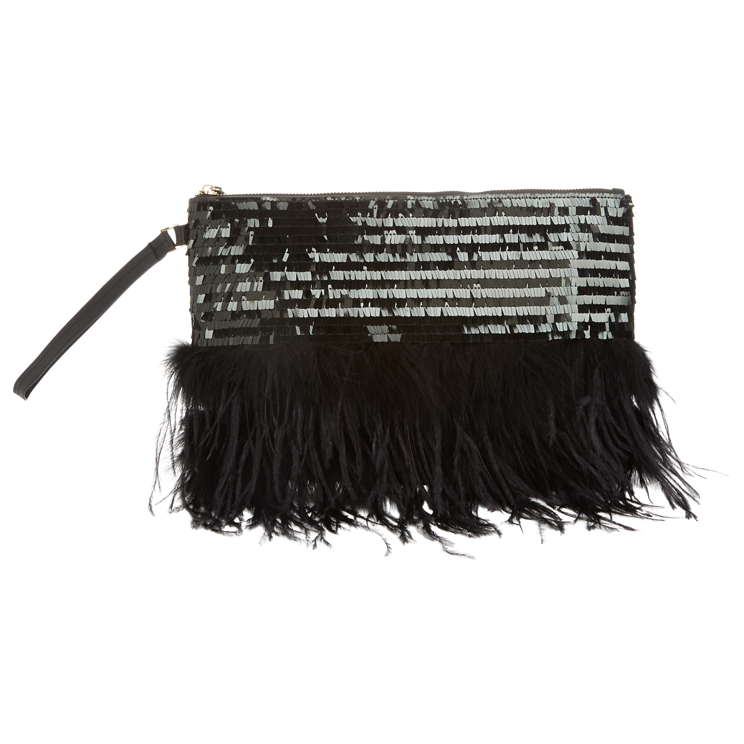 Miss Selfridge Feather Trim Sequin Clutch Bag