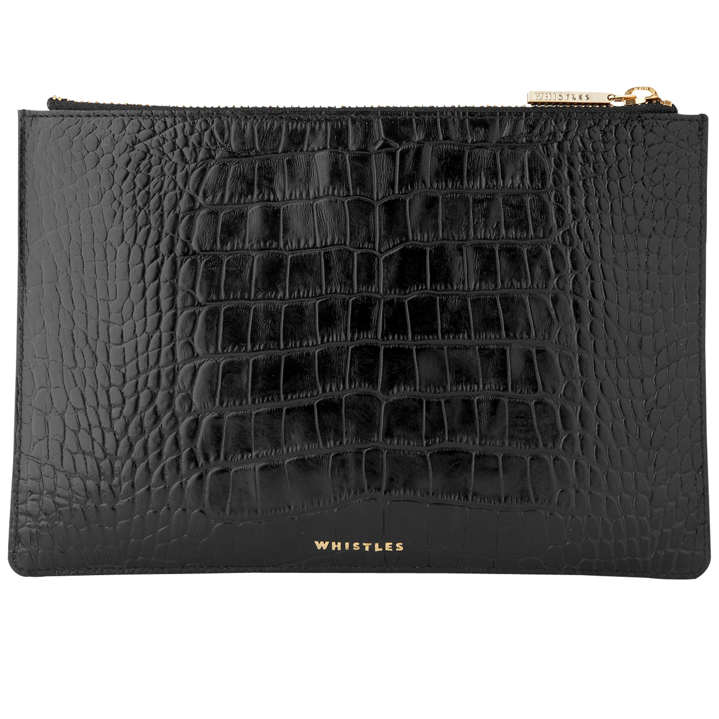 Whistles Shiny Croc Leather Small Clutch Bag, Black