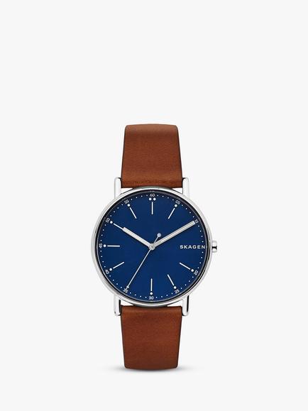 Skagen Men's Signatur Leather Strap Watch, Tan/Dark Blue
