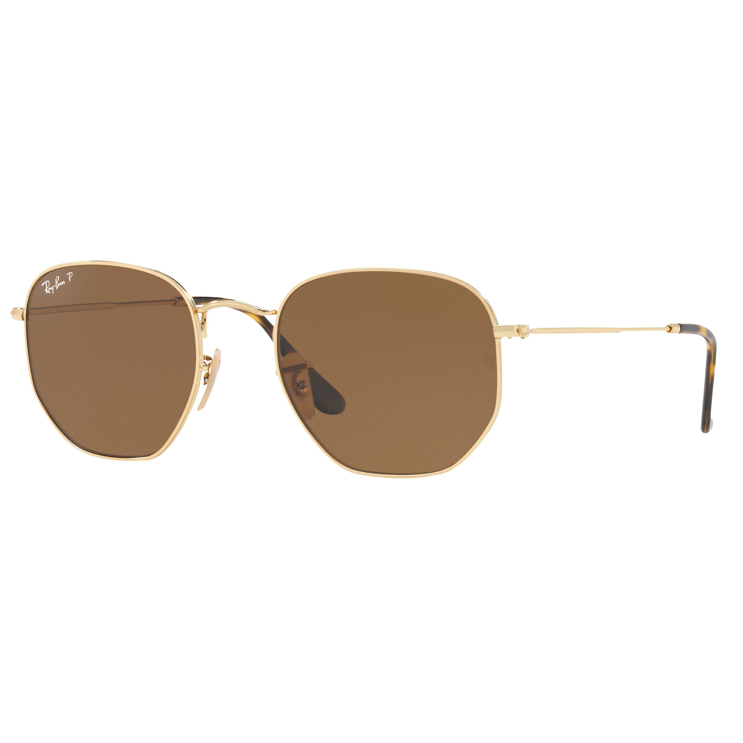Product image 1 of 10, which shows Ray-Ban RB3548N Polarised Hexagonal Flat Lens Sunglasses, Gold/Brown
