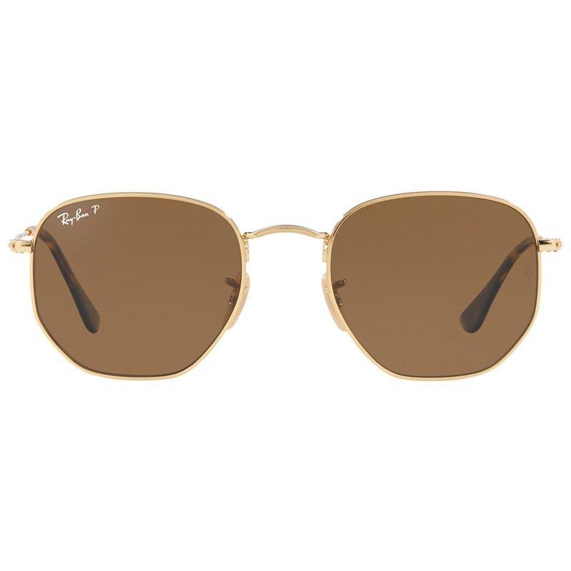 Product image 3 of 10, which shows Ray-Ban RB3548N Polarised Hexagonal Flat Lens Sunglasses, Gold/Brown