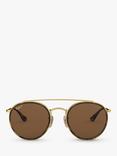 Ray-Ban RB3647N Polarised Double Bridge Round Sunglasses, Tortoise/Brown