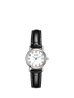 Citizen EW1270-06A Women's Date Leather Strap Watch, Black/White, Black/White