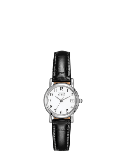 Citizen EW1270-06A Women's Date Leather Strap Watch, Black/White, Black/White