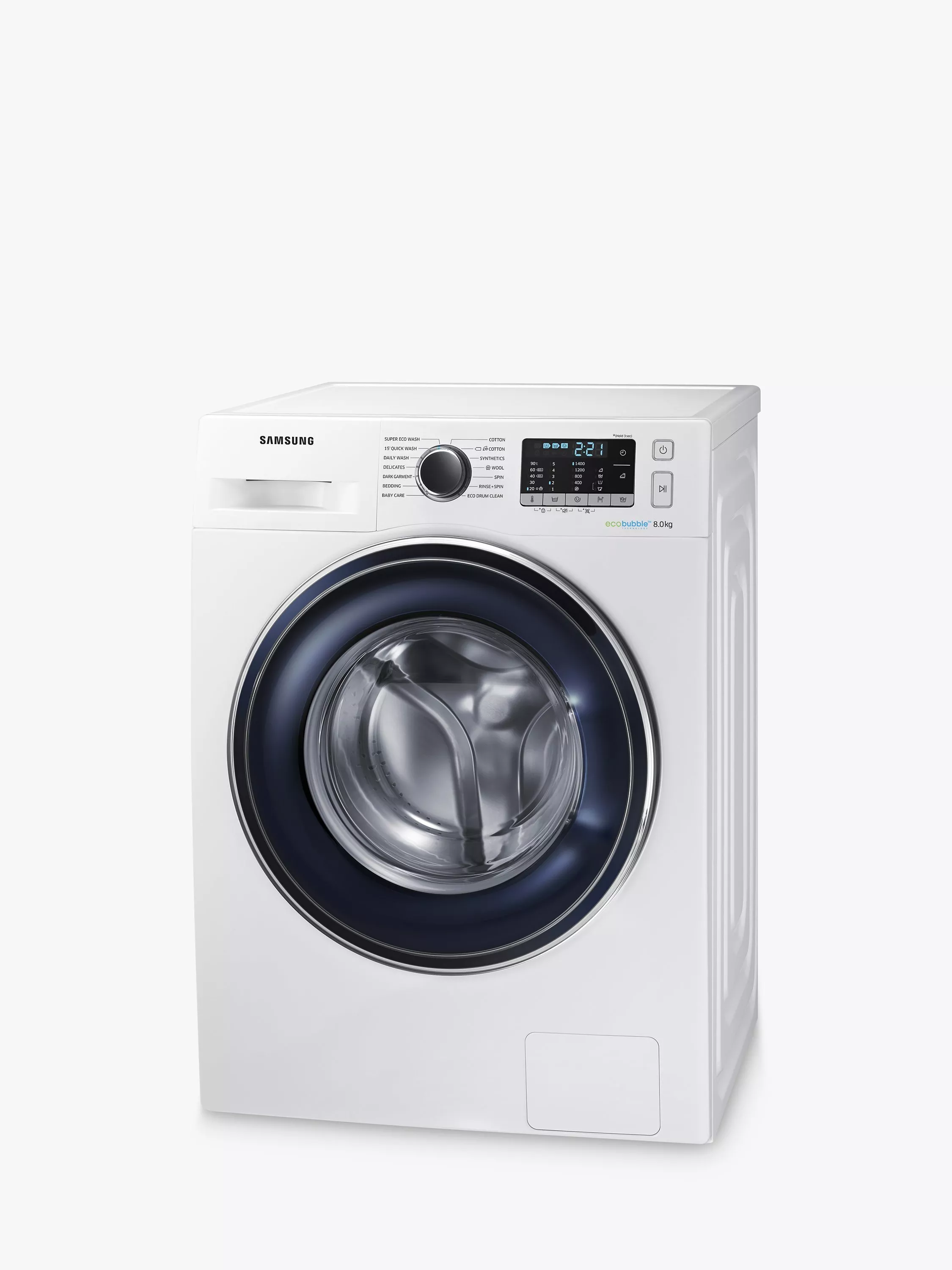Samsung EcoBubble 8kg white front-loading washing machine with digital display and control dial, front view