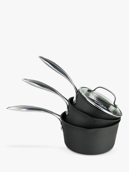 Eaziglide Neverstick3 Professional Non-Stick Lidded Saucepan Set, 3 Piece, Grey