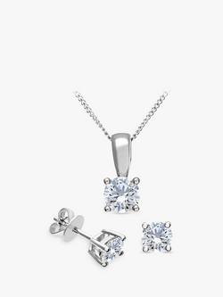 Mogul 18ct White Gold Brilliant Cut Diamond Solitaire Stud Earrings and Pendant Necklace Jewellery Set, 1.00ct, Silver