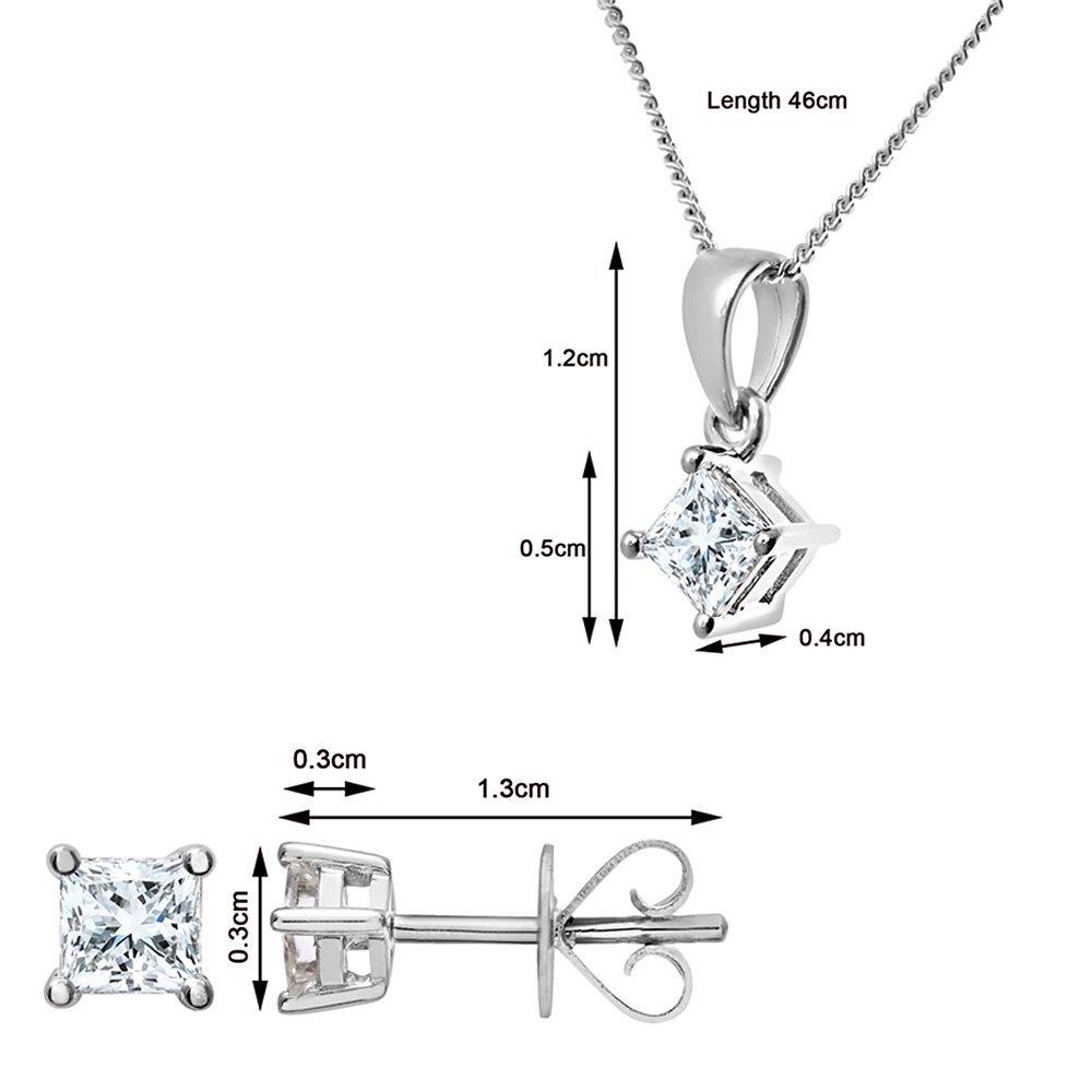 Product image 4 of 5, which shows Mogul 18ct White Gold Princess Cut Diamond Solitaire Stud Earrings and Pendant Necklace Jewellery Set, 0.66ct