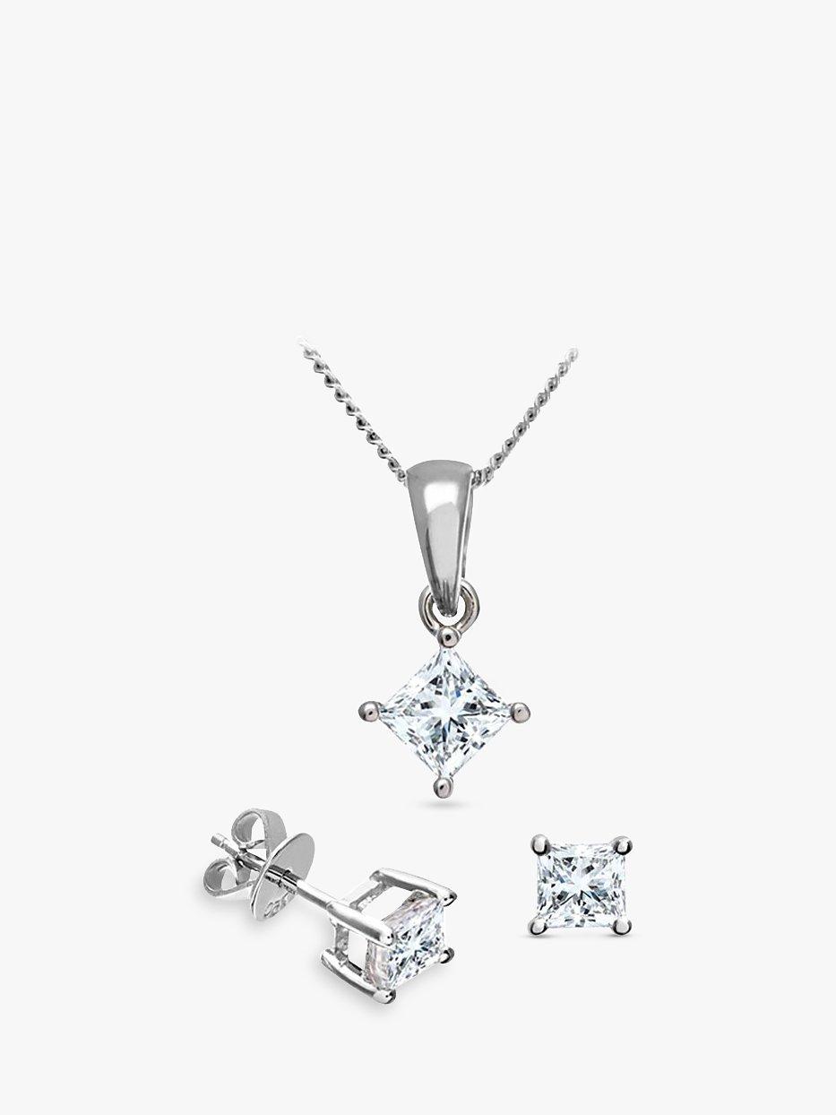 Product image 1 of 5, which shows Mogul 18ct White Gold Princess Cut Diamond Solitaire Stud Earrings and Pendant Necklace Jewellery Set, 1.00ct