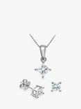 Mogul 18ct White Gold Princess Cut Diamond Solitaire Stud Earrings and Pendant Necklace Jewellery Set, 1.00ct